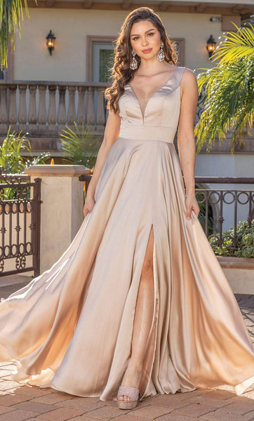 Sophisticated A-line V-neck Floor Length Natural Waistline Sleeveless Slit Fitted Sheer Dress with a Brush/Sweep Train
