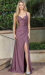 Spaghetti Strap Cowl Neck Sheath Ruched Fitted Draped Slit Gathered Lace Sheath Dress/Prom Dress with a Brush/Sweep Train by Dancing Queen