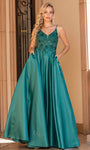 A-line V-neck Lace Natural Waistline Pocketed Beaded Pleated Flowy Sheer Applique Plunging Neck Sleeveless Spaghetti Strap Floor Length Prom Dress