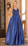 A-line V-neck Sleeveless Spaghetti Strap Plunging Neck Lace Floor Length Natural Waistline Applique Beaded Pleated Flowy Pocketed Sheer Prom Dress