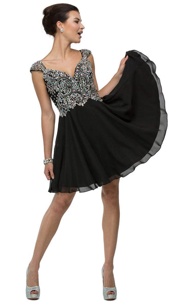 A-line Cap Sleeves Sweetheart Natural Waistline Cocktail Short Back Zipper Beaded Open-Back Sheer Dress With Rhinestones and Ruffles