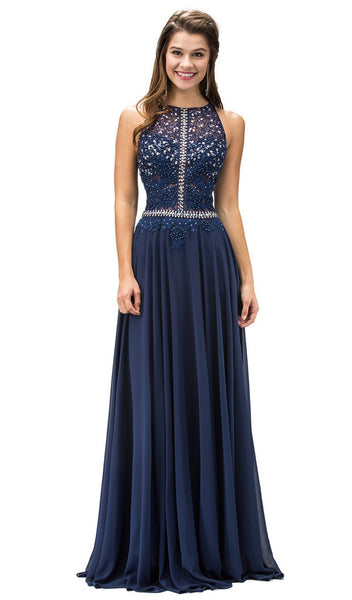 A-line Racerback Embroidered Jeweled Illusion Sheer Back Zipper Beaded Applique Natural Waistline Floor Length Prom Dress