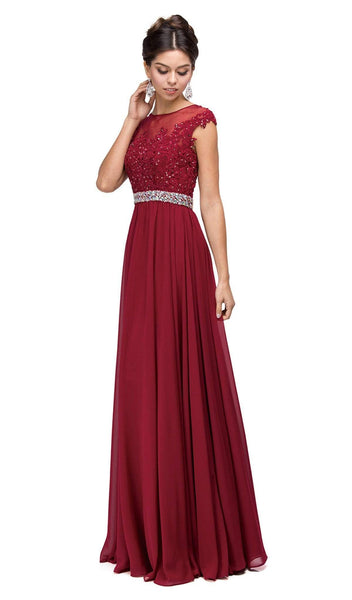 A-line Full-Skirt Floor Length Cap Sleeves Fitted Back Zipper Sheer Illusion Crystal Belted Applique Beaded Bateau Neck Natural Waistline Lace Evening Dress/Bridesmaid Dress