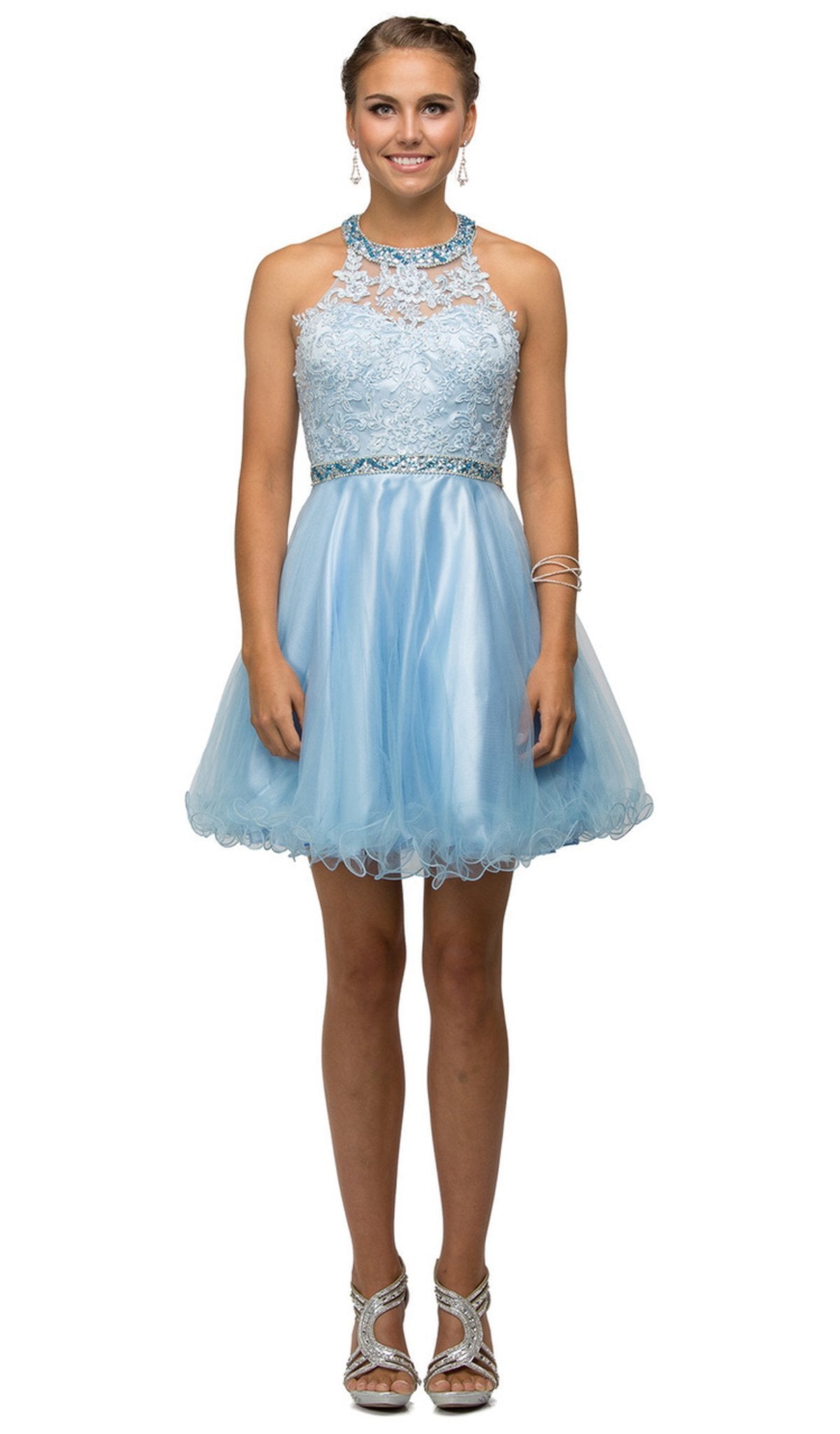 Dancing Queen - 9534 Bejeweled Collar Halter Lace A-Line Homecoming Dress