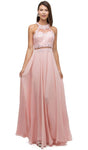 A-line Halter High-Neck Natural Waistline Floor Length Illusion Sheer Jeweled Keyhole Cutout Back Zipper Beaded Racerback Prom Dress