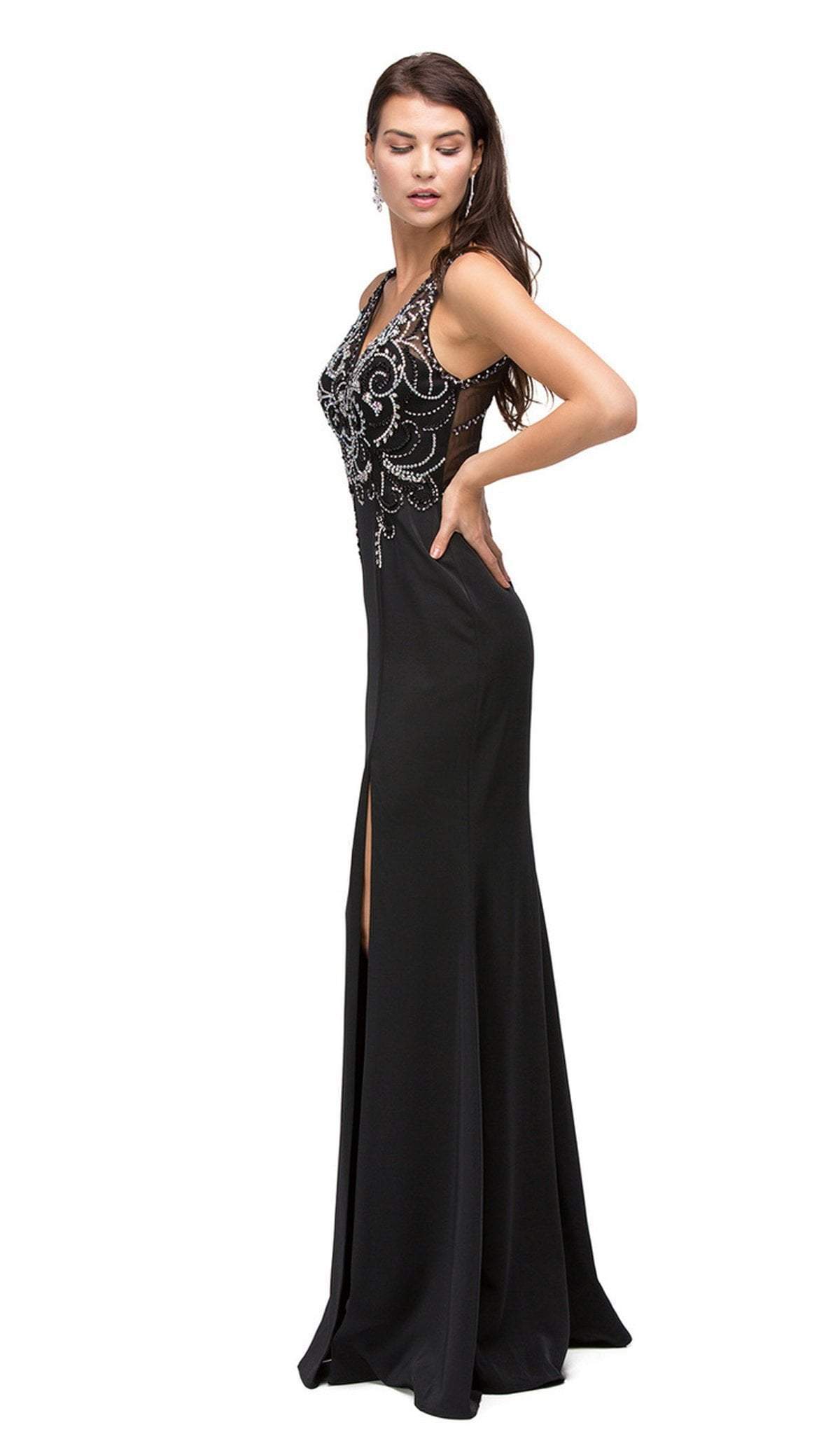 Dancing Queen - 9704 V-Neck Beaded Bodice Illusion Back Long Prom Dress