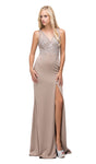 V-neck Mermaid Natural Waistline Illusion Slit Beaded Sequined Evening Dress/Prom Dress With Rhinestones
