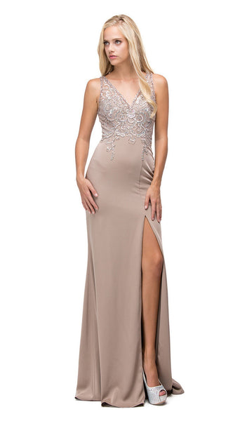 V-neck Slit Beaded Sequined Illusion Natural Waistline Mermaid Evening Dress/Prom Dress With Rhinestones