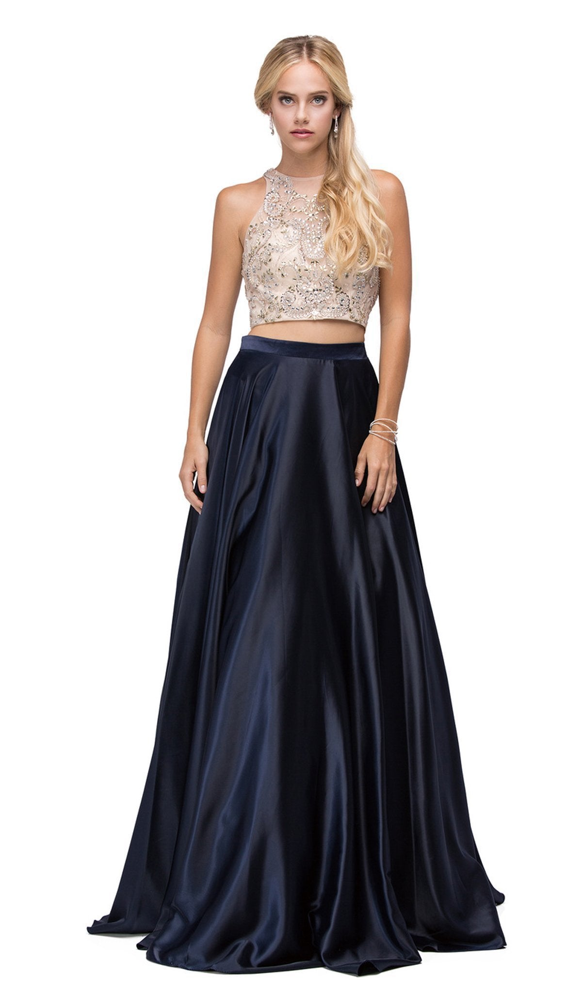 Dancing Queen - 9716 Two-Piece Jeweled Bodice Satin A-line Prom Dress