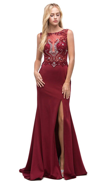 Sexy Natural Waistline Sleeveless Beaded Fitted Open-Back Slit V Back Illusion Sheer Back Zipper Floor Length Mermaid Bateau Neck Evening Dress/Prom Dress with a Brush/Sweep Train