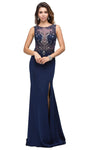 Sexy Sleeveless Floor Length Bateau Neck Slit Beaded Back Zipper Sheer V Back Illusion Open-Back Fitted Mermaid Natural Waistline Evening Dress/Prom Dress with a Brush/Sweep Train