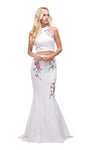 Sleeveless Keyhole Embroidered Floral Print Natural Waistline Halter Mermaid Evening Dress With Rhinestones