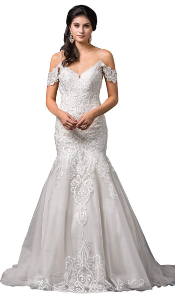 V-neck Mermaid Natural Waistline Cold Shoulder Sleeves Off the Shoulder Spaghetti Strap Draped Pleated Beaded Button Closure Embroidered Cutout Fitted Lace Floor Length Wedding Dress with a Cathedral 