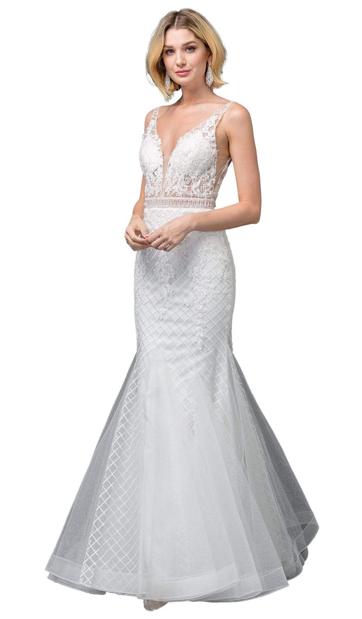 Dancing Queen Bridal - 123 Embroidered Deep V-neck Mermaid Dress
