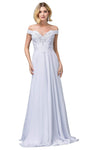 A-line Back Zipper Lace-Up Fitted Natural Waistline Off the Shoulder Plunging Neck Floor Length Dress with a Brush/Sweep Train