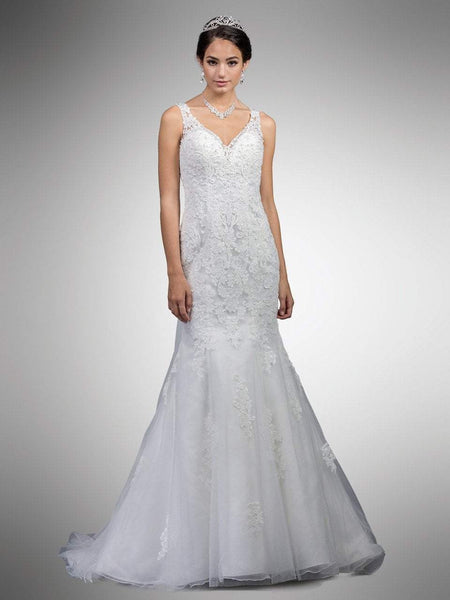 V-neck Sheer Applique Cutout Illusion Sleeveless Lace Floor Length Mermaid Natural Waistline Wedding Dress with a Court Train With Rhinestones