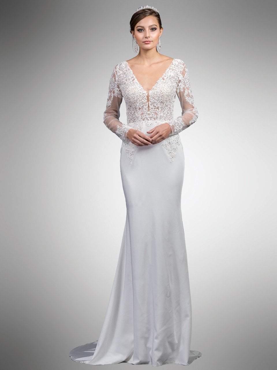 Dancing Queen Bridal - 52 Beaded Lace Long Sleeve V-neck Sheath Dress

