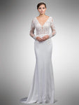 V-neck Beaded Sheer V Back Fitted Back Zipper Sheath Natural Waistline Lace Long Sleeves Sheath Dress/Wedding Dress with a Brush/Sweep Train