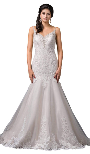 V-neck Dropped Waistline Mermaid Sleeveless Spaghetti Strap Open-Back Pleated Button Closure Embroidered Fitted Floor Length Lace Wedding Dress with a Chapel Train with a Cathedral Train