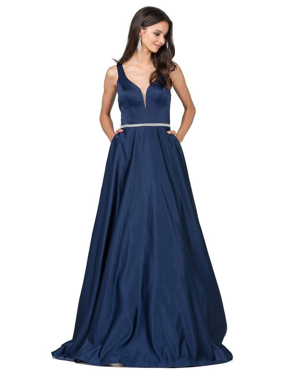 Dancing Queen Bridal - 9754 Classic Long Satin Prom Dress with V-back and Plunging Neckline
