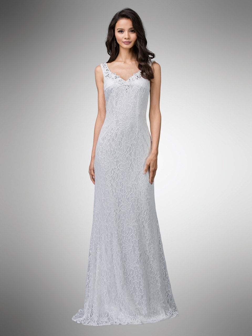 Dancing Queen Bridal - 9981 Bedazzled Lace V-neck Sheath Dress
