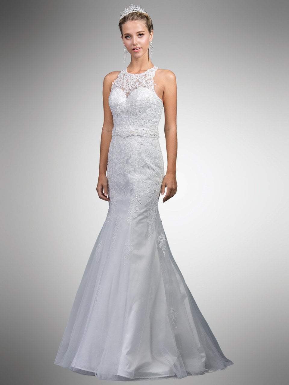 Dancing Queen Bridal - A7003 Beaded Lace Illusion Halter Mermaid Gown
