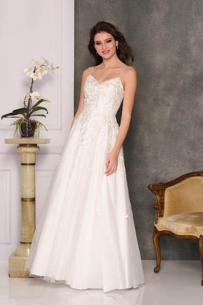 Sophisticated A-line V-neck Natural Waistline Spaghetti Strap Floor Length Embroidered Beaded Wedding Dress