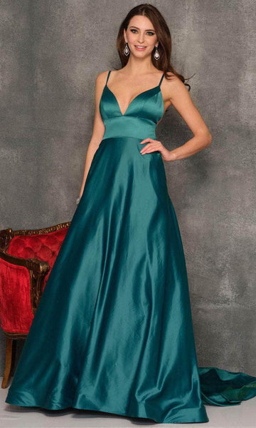Sophisticated A-line V-neck Sleeveless Spaghetti Strap Open-Back Button Closure Floor Length Empire Waistline Prom Dress with a Brush/Sweep Train