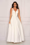 A-line V-neck Satin Floor Length Plunging Neck Sleeveless Open-Back Wrap Sheer Illusion Natural Waistline Wedding Dress