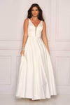 A-line V-neck Floor Length Satin Sleeveless Plunging Neck Natural Waistline Wrap Open-Back Illusion Sheer Wedding Dress