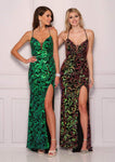 V-neck Beaded Lace-Up Sequined Slit Floral Print Short Sheath Plunging Neck Sleeveless Spaghetti Strap Sheath Dress/Evening Dress/Prom Dress by Dave And Johnny