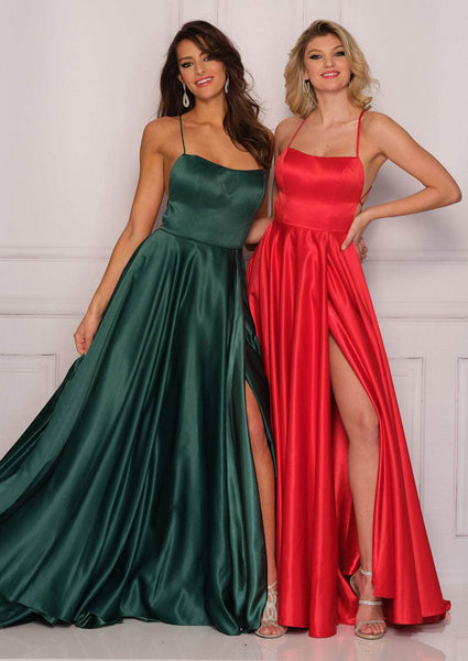 A-line Spaghetti Strap Scoop Neck Full-Skirt Open-Back Fitted Slit Natural Waistline Floor Length Silk Evening Dress with a Brush/Sweep Train