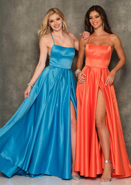 A-line Scoop Neck Spaghetti Strap Satin Floor Length Slit Open-Back Fitted Natural Waistline Full-Skirt Evening Dress/Prom Dress with a Brush/Sweep Train