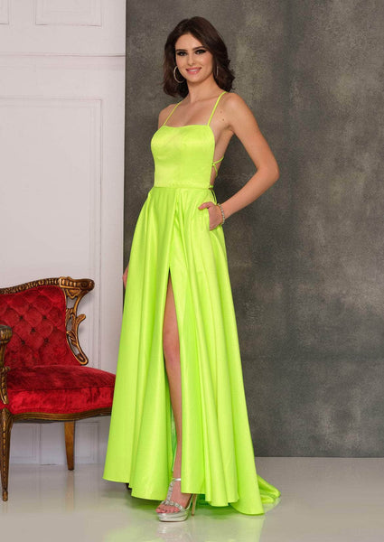 A-line Natural Waistline Floor Length Full-Skirt Scoop Neck Spaghetti Strap Satin Fitted Slit Open-Back Evening Dress/Prom Dress with a Brush/Sweep Train