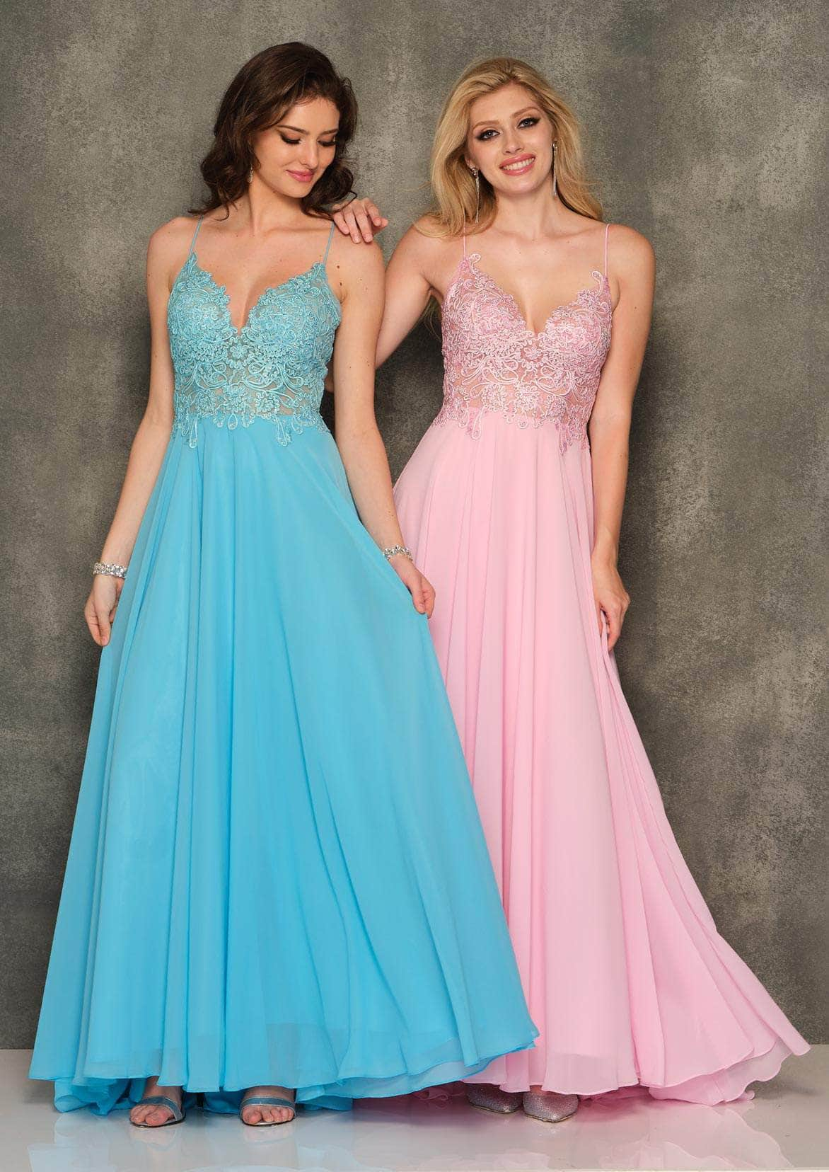 Dave & Johnny - A7248 Semi Sheer Lace Top Spaghetti Strap Prom Gown
