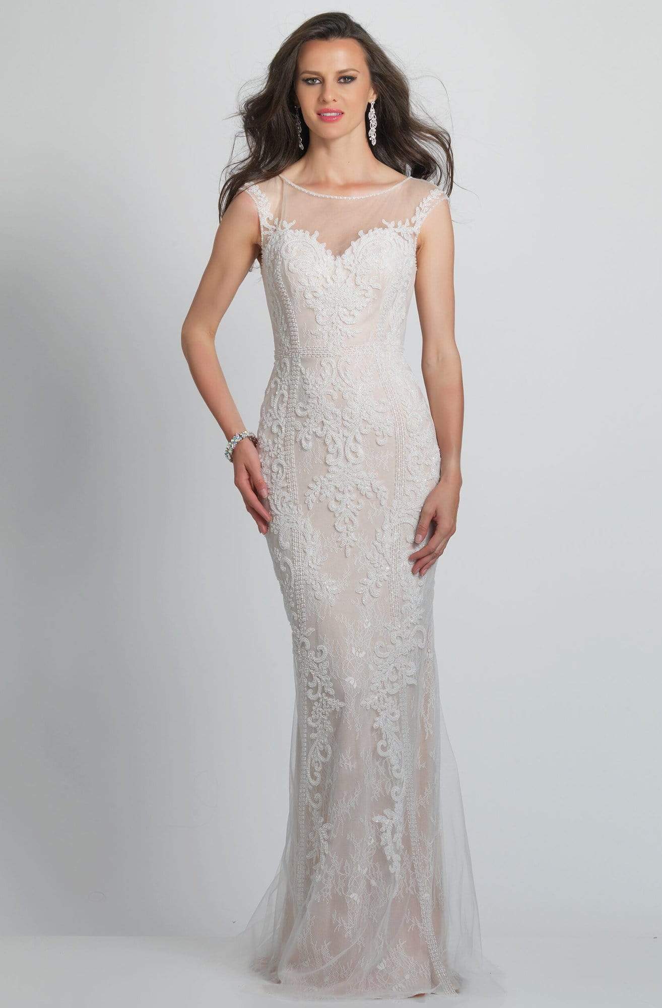 Dave & Johnny - A8442W Illusion Bateau Embroidered Sheath Gown
