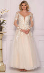 A-line V-neck Long Sleeves Natural Waistline Beaded Mesh Sheer Hidden Back Zipper Open-Back Wedding Dress with a Brush/Sweep Train