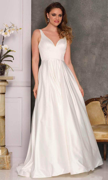 A-line V-neck Sleeveless Natural Waistline Open-Back Hidden Back Zipper Cutout Fitted Satin Fit-and-Flare Wedding Dress with a Brush/Sweep Train
