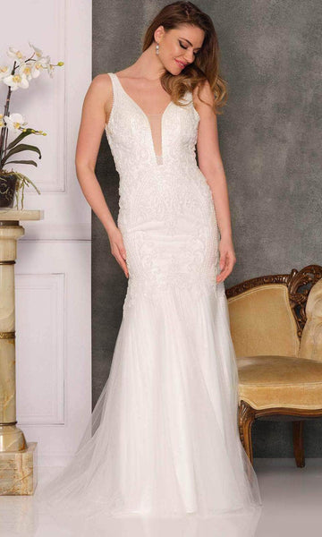 Sophisticated V-neck Natural Waistline General Print Hidden Back Zipper Cutout Open-Back Sleeveless Mermaid Wedding Dress with a Brush/Sweep Train