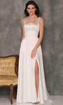 Sexy A-line Satin Scoop Neck Sleeveless Slit Fitted Hidden Back Zipper Empire Waistline Fit-and-Flare Wedding Dress with a Brush/Sweep Train