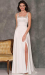 Sexy A-line Fit-and-Flare Slit Hidden Back Zipper Fitted Sleeveless Scoop Neck Satin Empire Waistline Wedding Dress with a Brush/Sweep Train