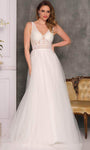 Sophisticated A-line V-neck Natural Waistline Sleeveless Open-Back Applique Hidden Back Zipper Embroidered Plunging Neck Lace Wedding Dress with a Chapel Train