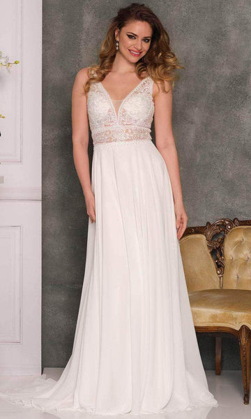 A-line V-neck Hidden Back Zipper Sheer Open-Back Embroidered Plunging Neck Natural Waistline Sleeveless Lace Wedding Dress with a Brush/Sweep Train