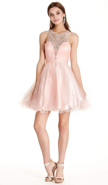 A-line Halter Sweetheart Back Zipper Illusion Sheer Natural Waistline Sleeveless Short Homecoming Dress/Prom Dress