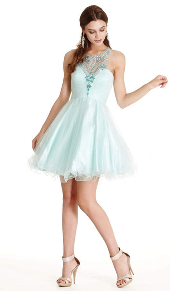 A-line Sleeveless Natural Waistline Illusion Back Zipper Sheer Halter Sweetheart Short Homecoming Dress/Prom Dress