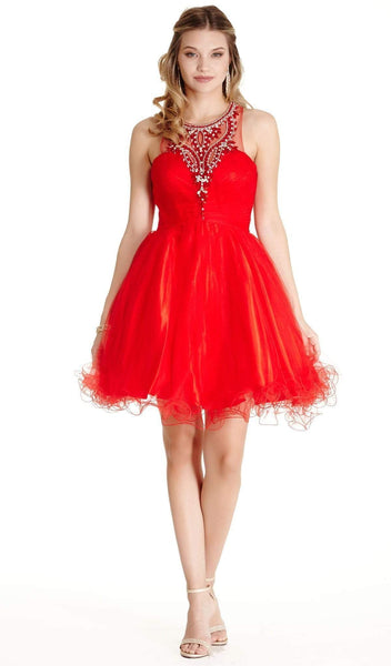 A-line Sleeveless Halter Sweetheart Natural Waistline Illusion Back Zipper Sheer Short Homecoming Dress/Prom Dress