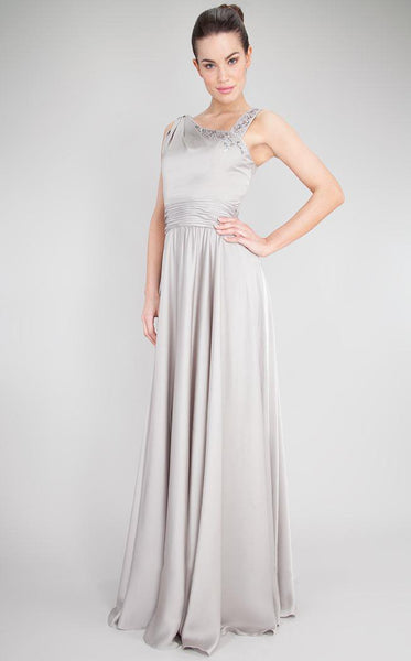 A-line Natural Waistline Asymmetric Beaded Ruched Floor Length Sleeveless Evening Dress