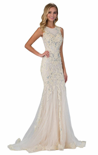 Mermaid Fitted Back Zipper Beaded Applique Jeweled Neck Scoop Neck Natural Waistline Sleeveless Evening Dress/Wedding Dress With Pearls