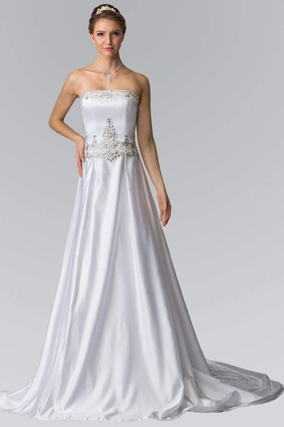 A-line Strapless Straight Neck Natural Waistline Pleated Lace-Up Fitted Jeweled Open-Back Floor Length Wedding Dress with a Brush/Sweep Train