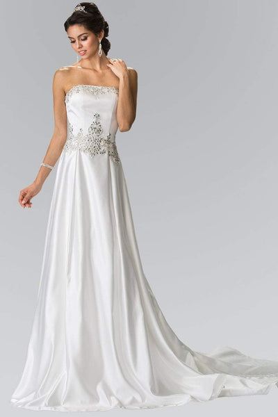 A-line Strapless Straight Neck Natural Waistline Jeweled Lace-Up Pleated Open-Back Fitted Floor Length Wedding Dress with a Brush/Sweep Train